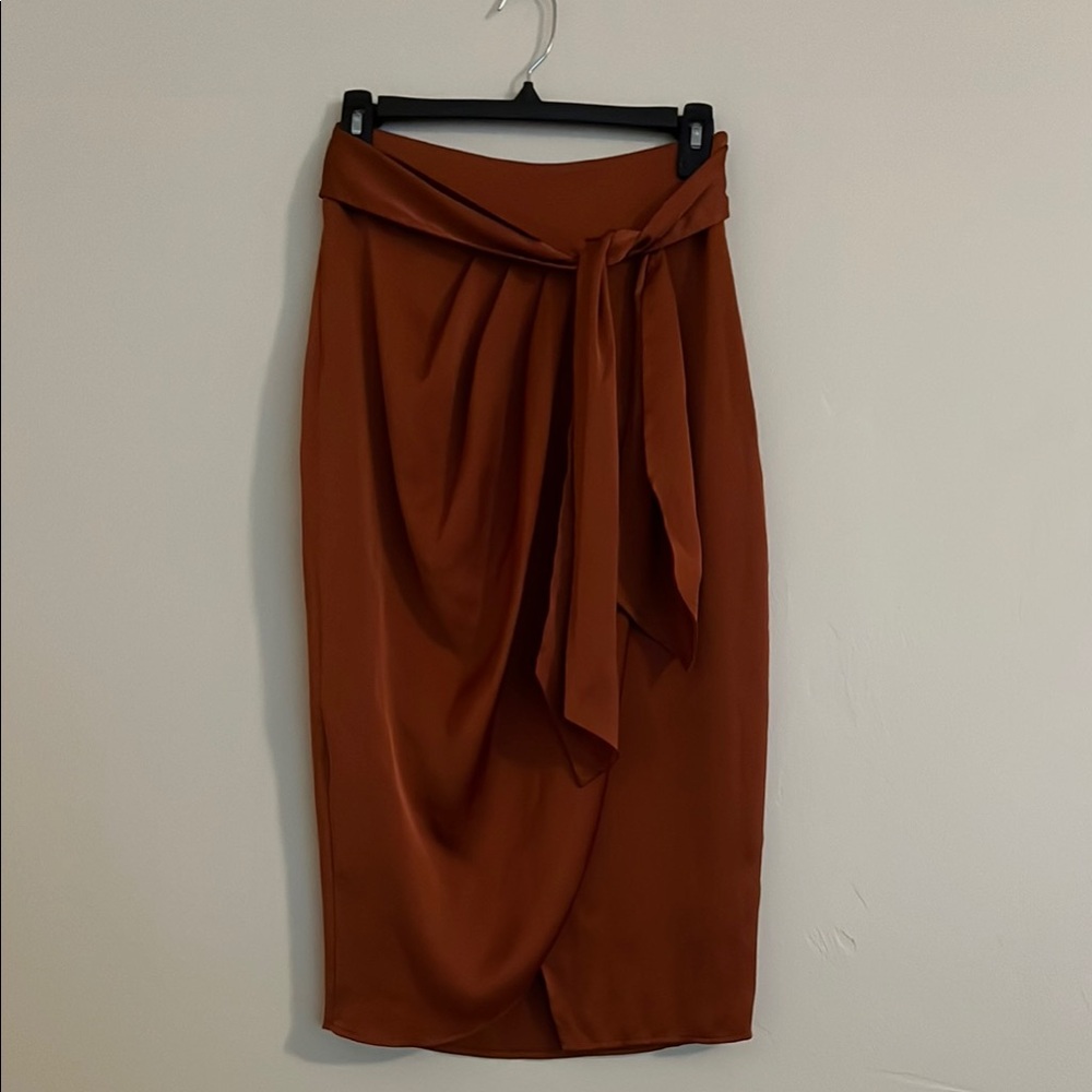 Express Brown Orange Midi Pencil Skirt Tie Front